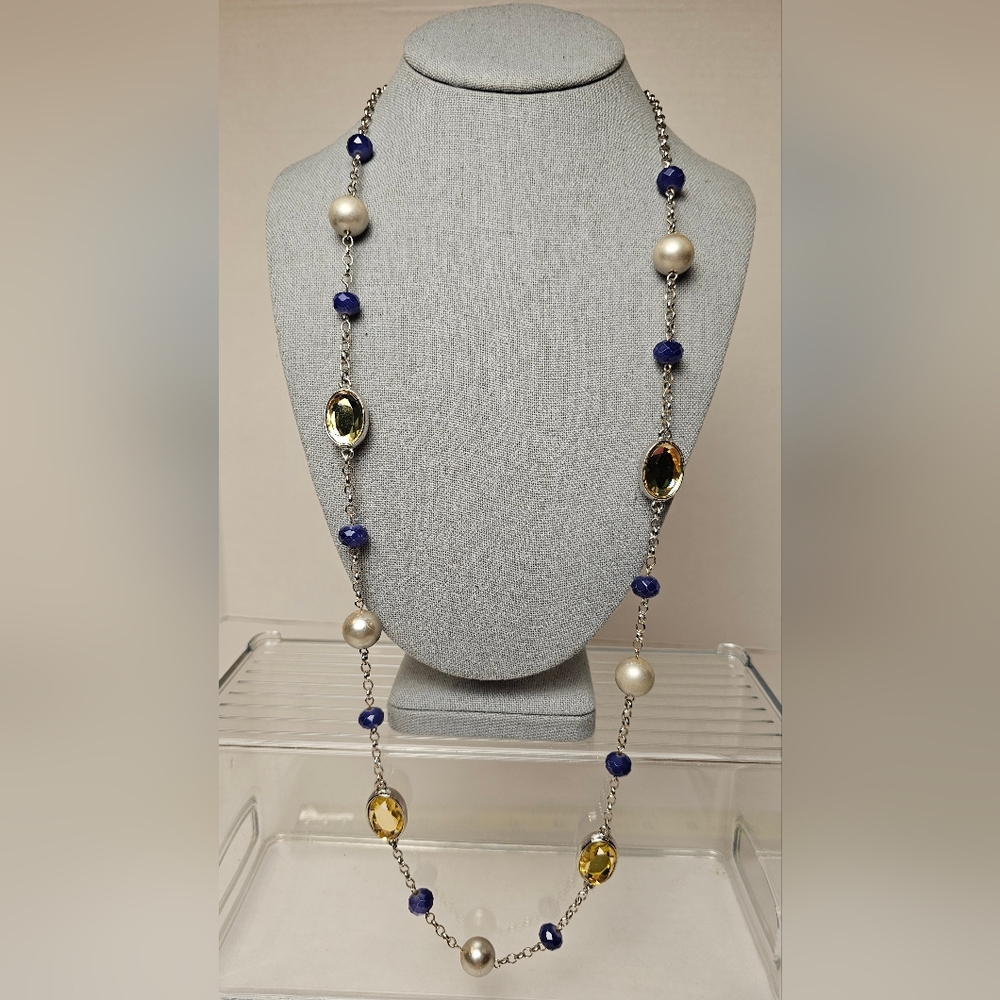 [LOFT] Necklace 💎 Rhinestones, Blue Beads & Silver Faux Pearls